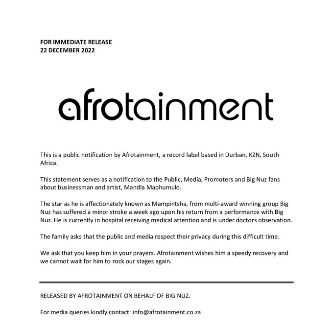 Afrotainmnet Releases Statement On Mampintsha's Hospitalization